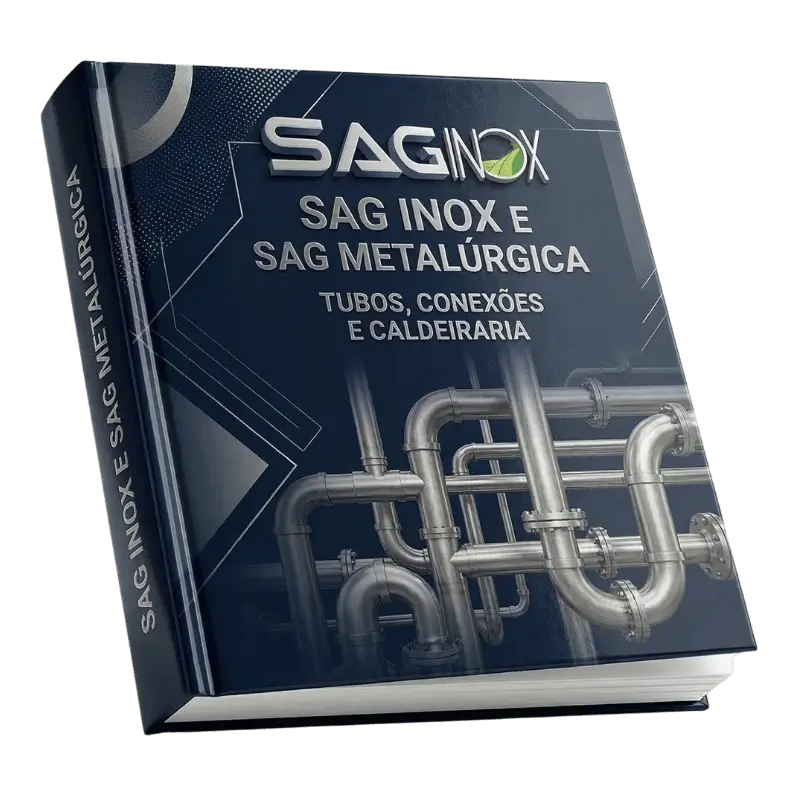 Imagem 3D do catálogo técnico da SAG contendo tabelas de pesos e medidas para tubos e conexões industriais