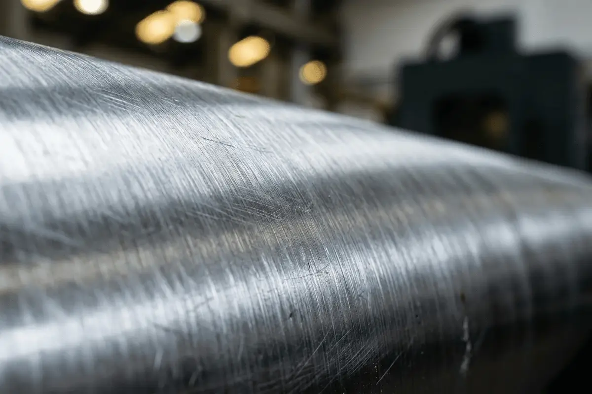 Textura macro de chapa de aço inox escovado de alta resistência. Matéria-prima premium utilizada pela SAG para fabricação de caldeiraria e equipamentos industriais.