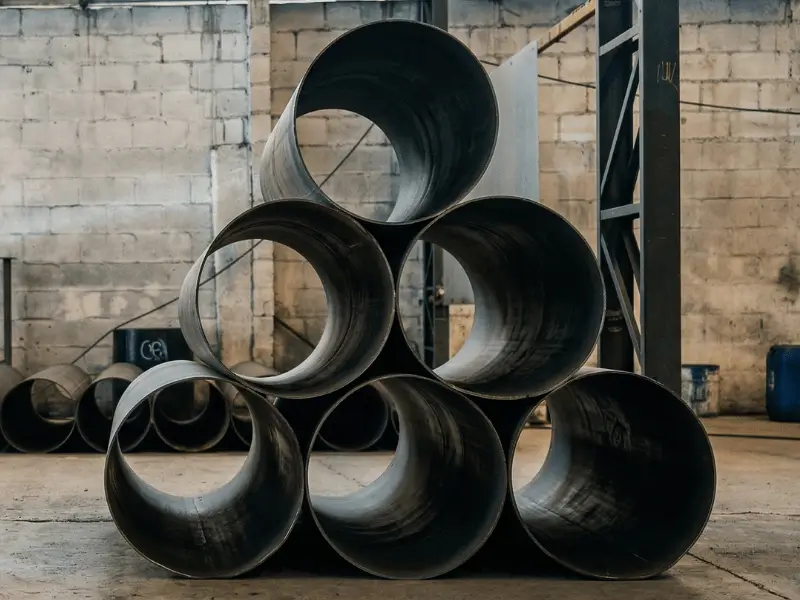 Tubos industriais de aço de grande diâmetro empilhados em formato de pirâmide no galpão do Grupo SAG.