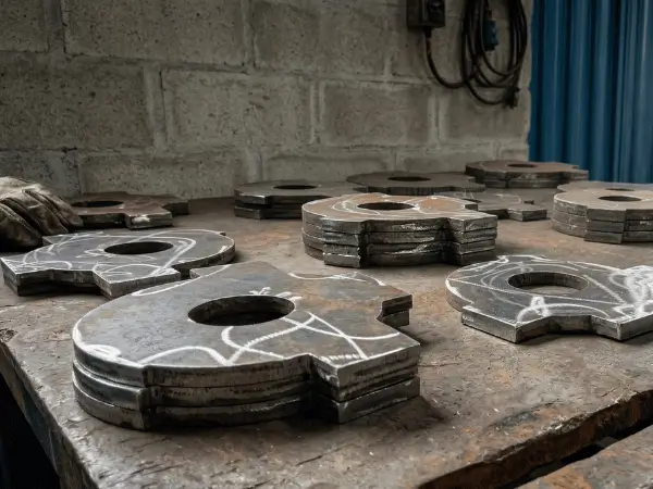 Chapas de aço espessas com cortes especiais e marcações técnicas manuais, empilhadas em bancada industrial. Preparações para os processos de conformação e soldagem qualificada na fábrica do Grupo SAG.