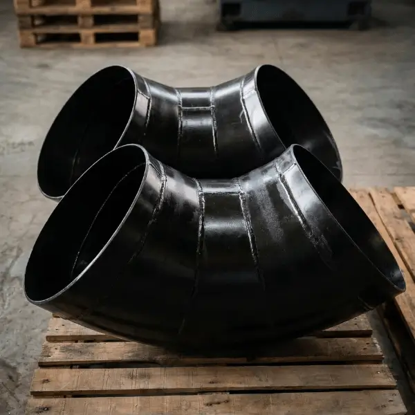 Duas curvas de gomos de grande diâmetro em aço com revestimento preto, mostrando as costuras de solda segmentadas, empilhadas sobre um palete de madeira na fábrica do Grupo SAG.