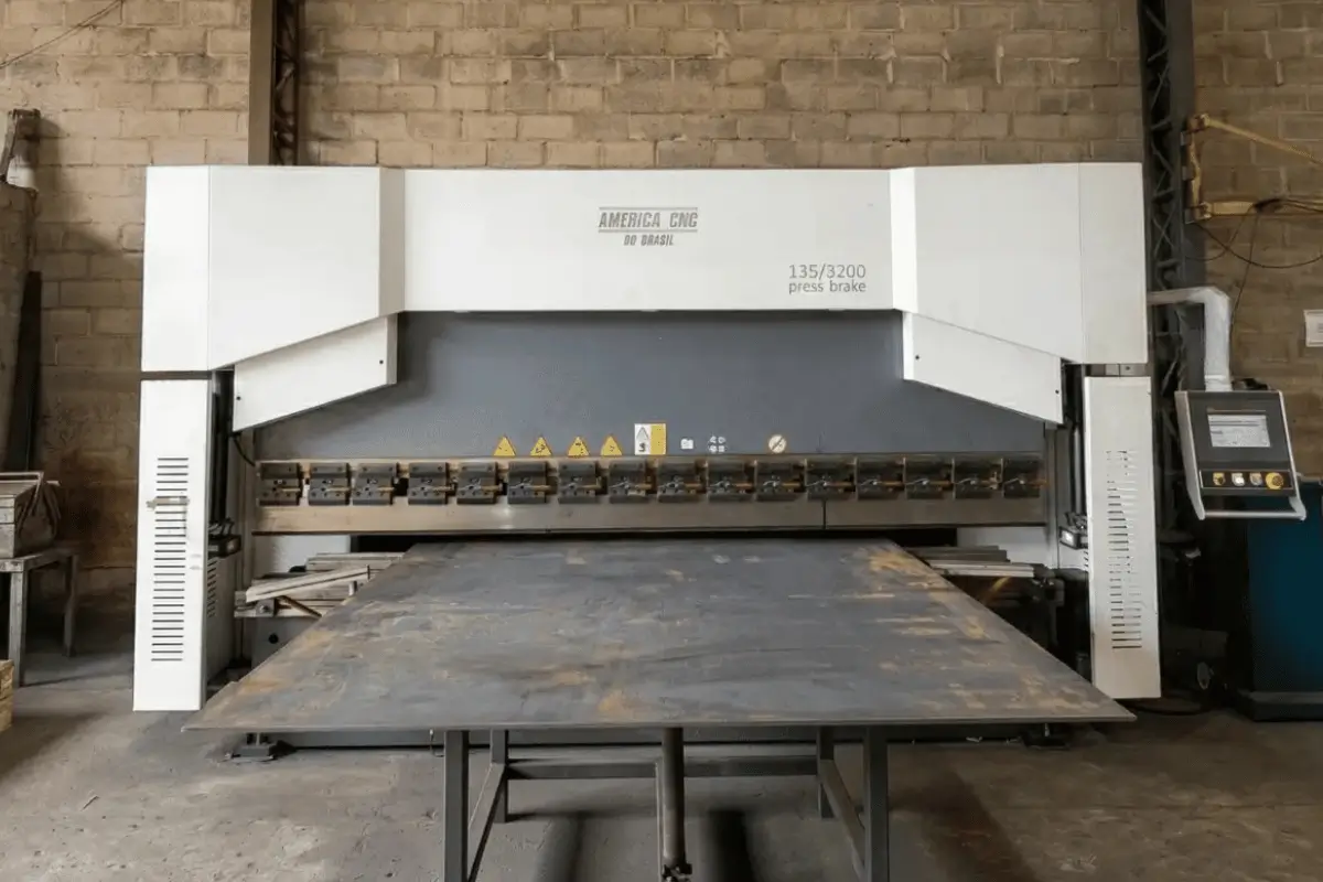 Máquina industrial prensa dobradeira CNC branca, preparada para a conformação de uma grande chapa de aço plana no chão de fábrica do Grupo SAG.