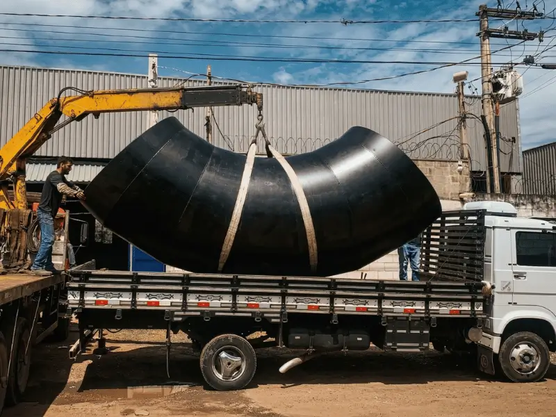 Trabalhadores do Grupo SAG operando um caminhão para içar e carregar uma curva tubular de aço preta de grandes proporções na área externa da fábrica.