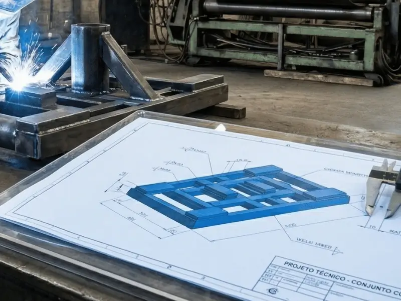 Projeto técnico impresso em bancada com paquímetro digital em primeiro plano, enquanto um soldador do Grupo SAG executa a montagem e soldagem da estrutura metálica ao fundo.