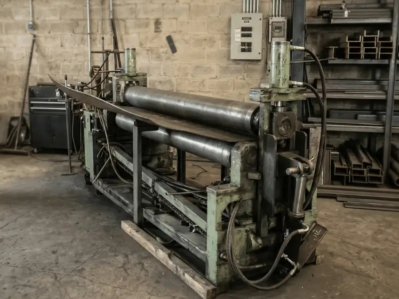 Máquina calandra industrial de grande porte, utilizada para curvar e conformar chapas pesadas de aço no chão de fábrica do Grupo SAG.