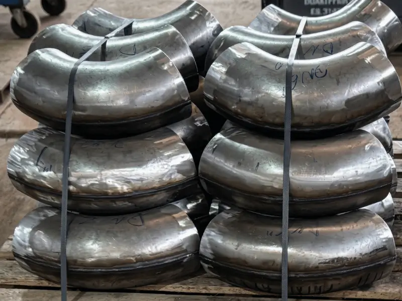 Lote de curvas tubulares de aço empilhadas e firmemente amarradas com fitas de arquear sobre um palete de madeira, aguardando expedição no galpão do Grupo SAG.