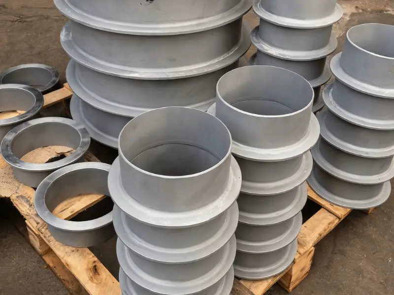 Palete de madeira no chão de fábrica do Grupo SAG contendo pestanas e conexões tubulares de aço com revestimento cinza.