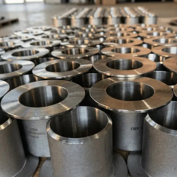 Lote de pestanas metálicas usinadas, destacando as faces planas com ranhuras concêntricas para vedação, organizadas lado a lado em uma bancada na fábrica do Grupo SAG.