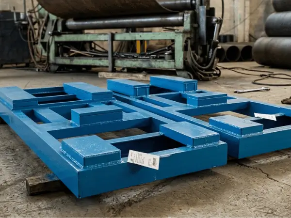 Estrutura metálica industrial soldada e pintada de azul, fabricada sob medida, descansando no chão de fábrica do Grupo SAG com maquinário pesado ao fundo.