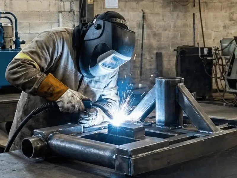 Close de um soldador profissional da SAG Inox, com capacete e EPIs, executando soldagem de precisão em uma estrutura metálica na bancada da fábrica, com faíscas brilhantes em destaque.