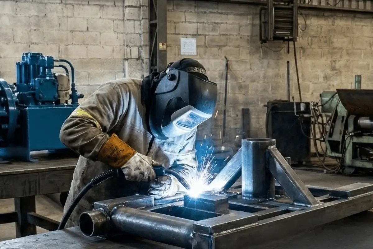 Close de um soldador profissional da SAG Inox, com capacete e EPIs, executando soldagem de precisão em uma estrutura metálica na bancada da fábrica, com faíscas brilhantes em destaque.