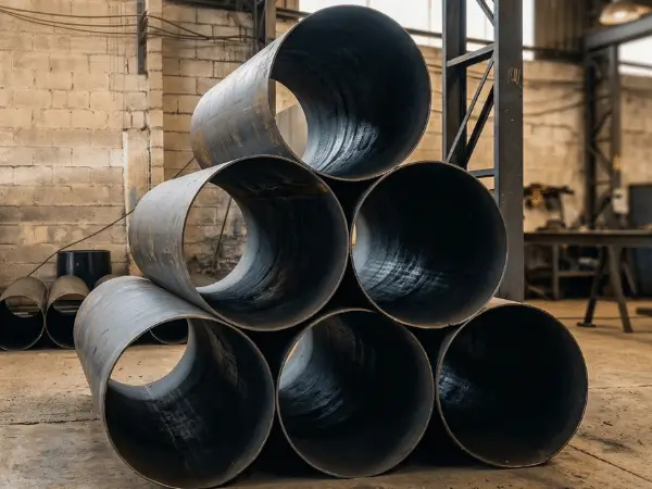 Tubos industriais de aço de grande diâmetro empilhados em formato de pirâmide no galpão do Grupo SAG.